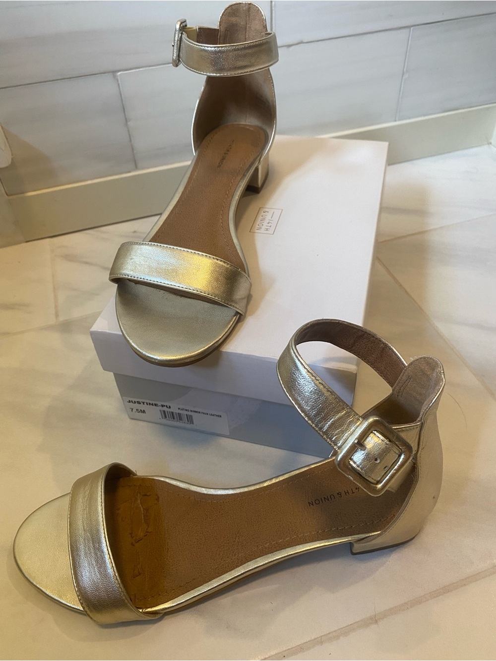 Metallic Gold Ankle Strap Block Heel Sandals